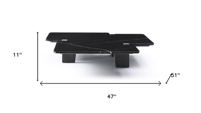 47" Black Genuine Marble and Solid Wood Free Form Coffee Table