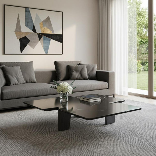 47" Black Genuine Marble and Solid Wood Free Form Coffee Table - Fluent Trends Coffee Tables