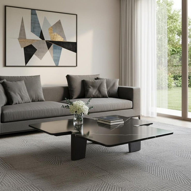 47" Black Genuine Marble and Solid Wood Free Form Coffee Table - Fluent Trends Coffee Tables