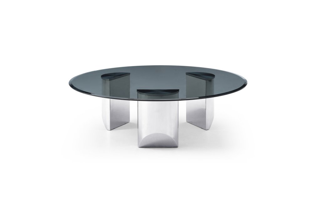 Round Glass Coffee Table - 49 Inch Black & Silver Stainless Steel