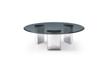 Round Glass Coffee Table - 49 Inch Black & Silver Stainless Steel