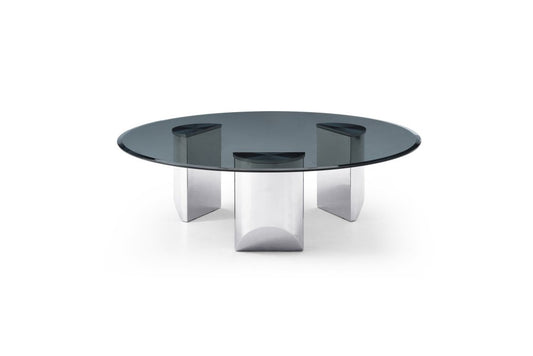 Round Glass Coffee Table - 49 Inch Black & Silver Stainless Steel