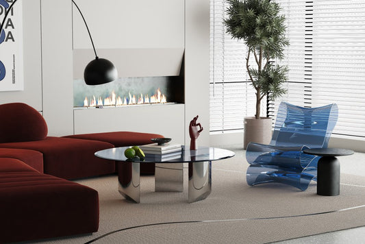 Round Glass Coffee Table - 49 Inch Black & Silver Stainless Steel - Fluent Trends Coffee Tables