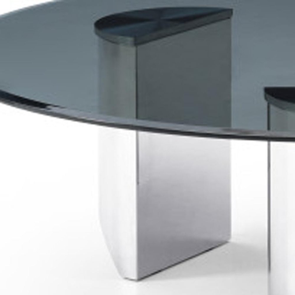 Round Glass Coffee Table - 49 Inch Black & Silver Stainless Steel