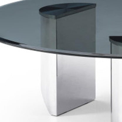 Round Glass Coffee Table - 49 Inch Black & Silver Stainless Steel