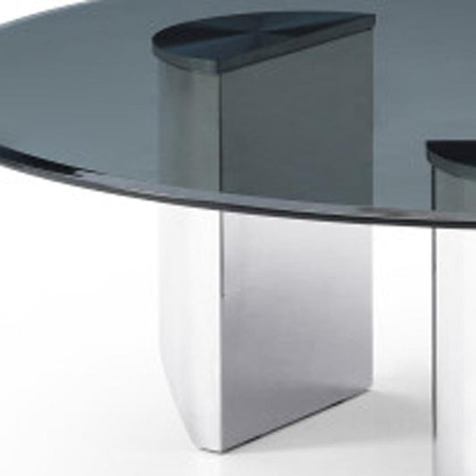 Round Glass Coffee Table - 49 Inch Black & Silver Stainless Steel