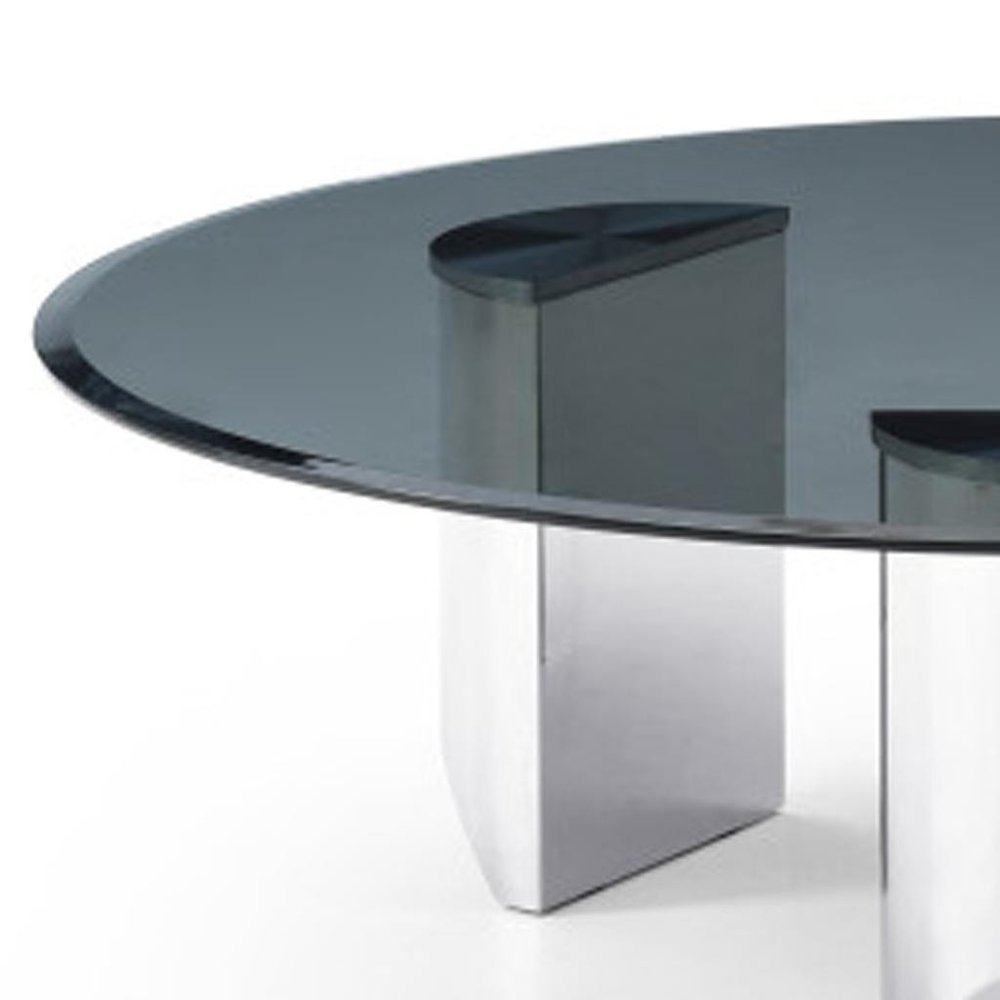 Round Glass Coffee Table - 49 Inch Black & Silver Stainless Steel