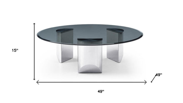 49" Black and Silver Glass and Stainless Steel Round Coffee Table - Fluent Trends Coffee Tables