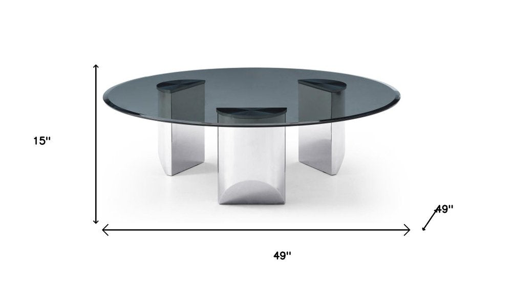 Round Glass Coffee Table - 49 Inch Black & Silver Stainless Steel