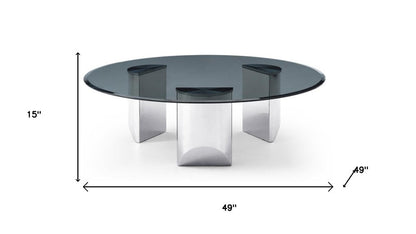 Round Glass Coffee Table - 49 Inch Black & Silver Stainless Steel