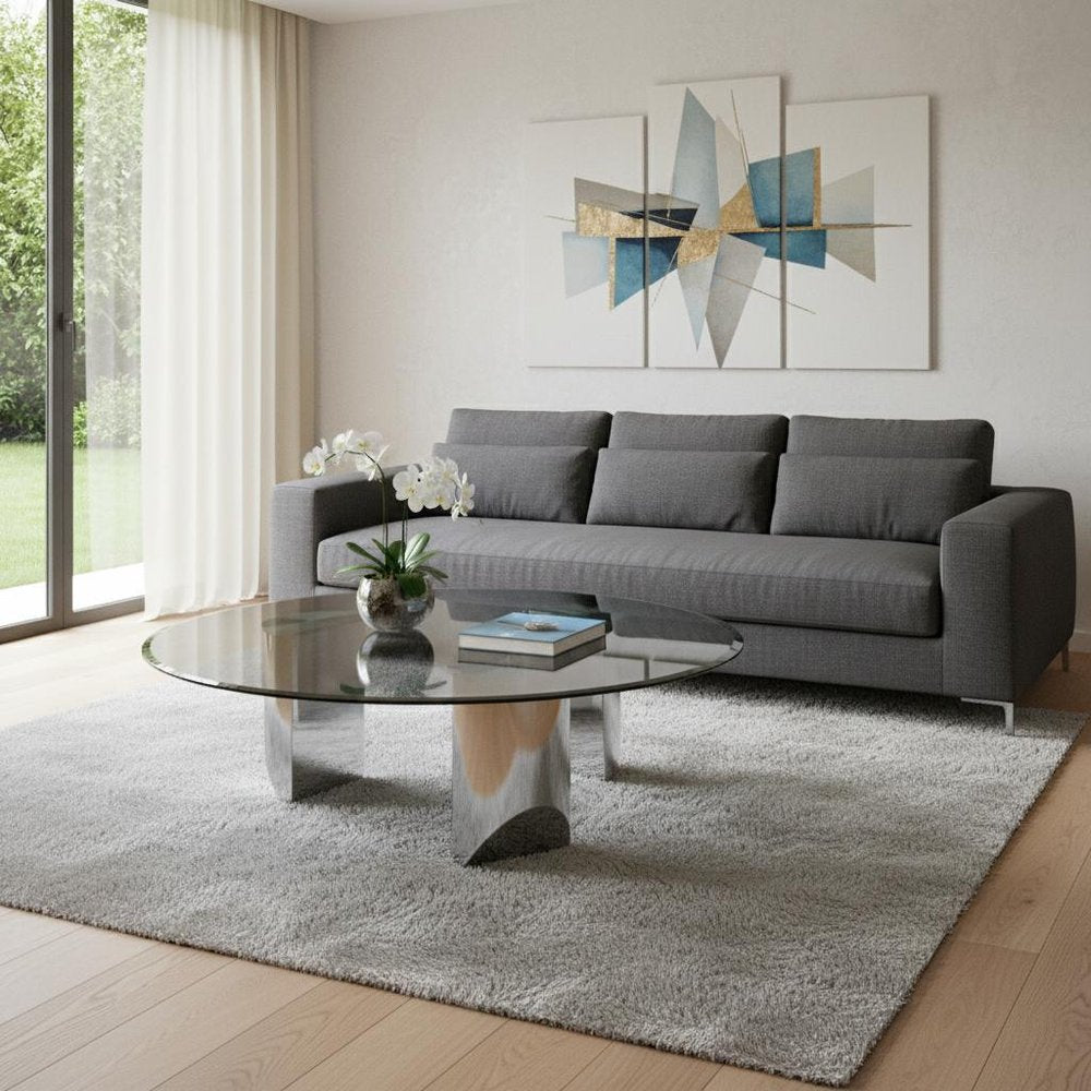 Round Glass Coffee Table - 49 Inch Black & Silver Stainless Steel
