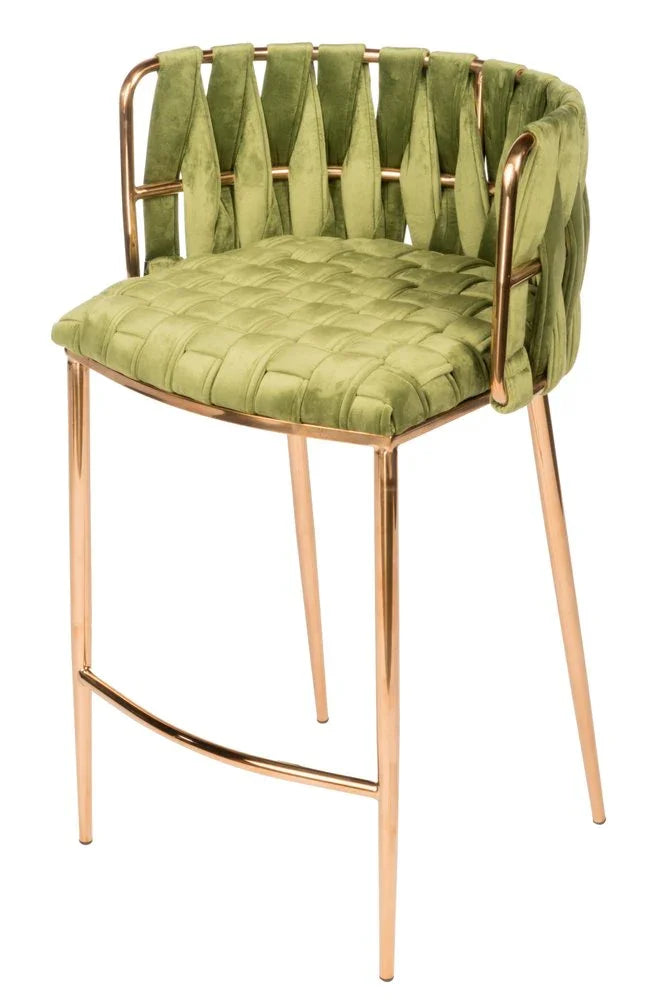 Modern Glam Kitchen Seating Green Woven Velvet Bar Stool Side Profile