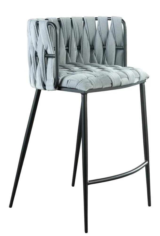 Side View of Weaver 27" Counter Bar Chair Featuring Intricate Gray Velvet Weave and Matte Black Frame on White Background