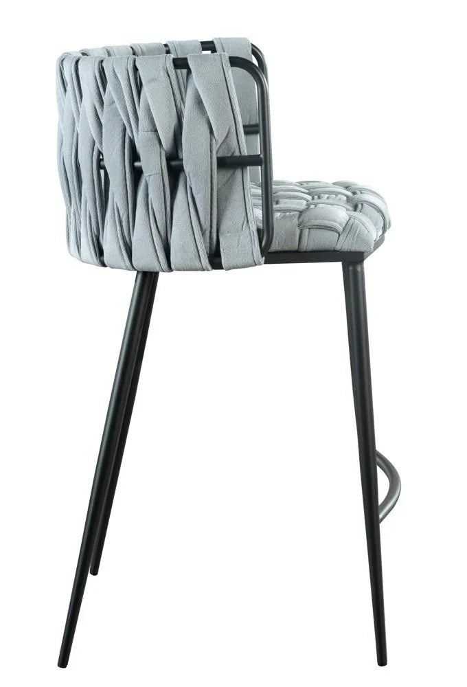 Profile View of Weaver 27" Counter Bar Chair Showcasing Slim Matte Black Steel Leg Design and Gray Woven Velvet Bucket Seat Depth