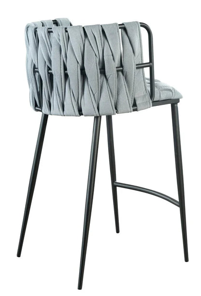 Detailed Back View of Weaver 27" Counter Bar Chair on White Background Highlighting Intricate Woven Velvet Design and Sturdy Matte Black Metal Frame