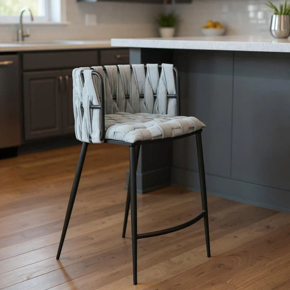 Weaver 27" Counter Bar Chair with Gray Woven Velvet Seat and Matte Black Steel Legs in Modern Kitchen Setting
