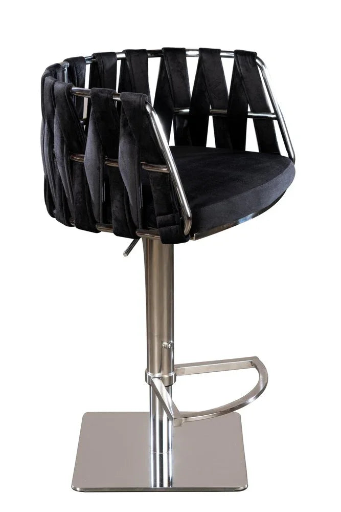 Silver Steel Bar Chair with Adjustable Height and Black Velvet Seat