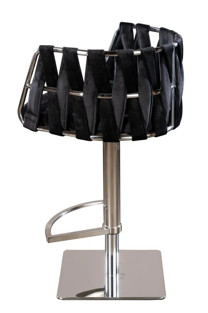 Luxury Black Woven Velvet Stool with Polished Silver Pedestal Base