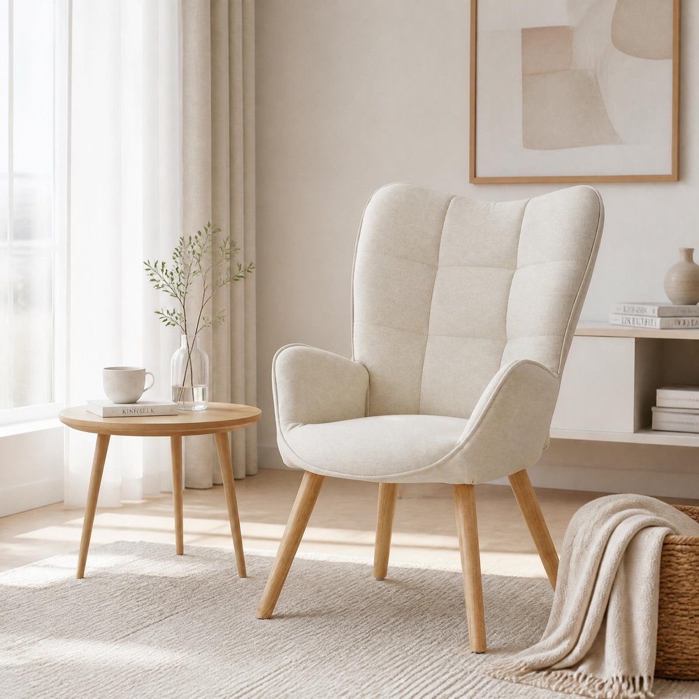 Beige Tufted Chenille Wingback Chair 23"