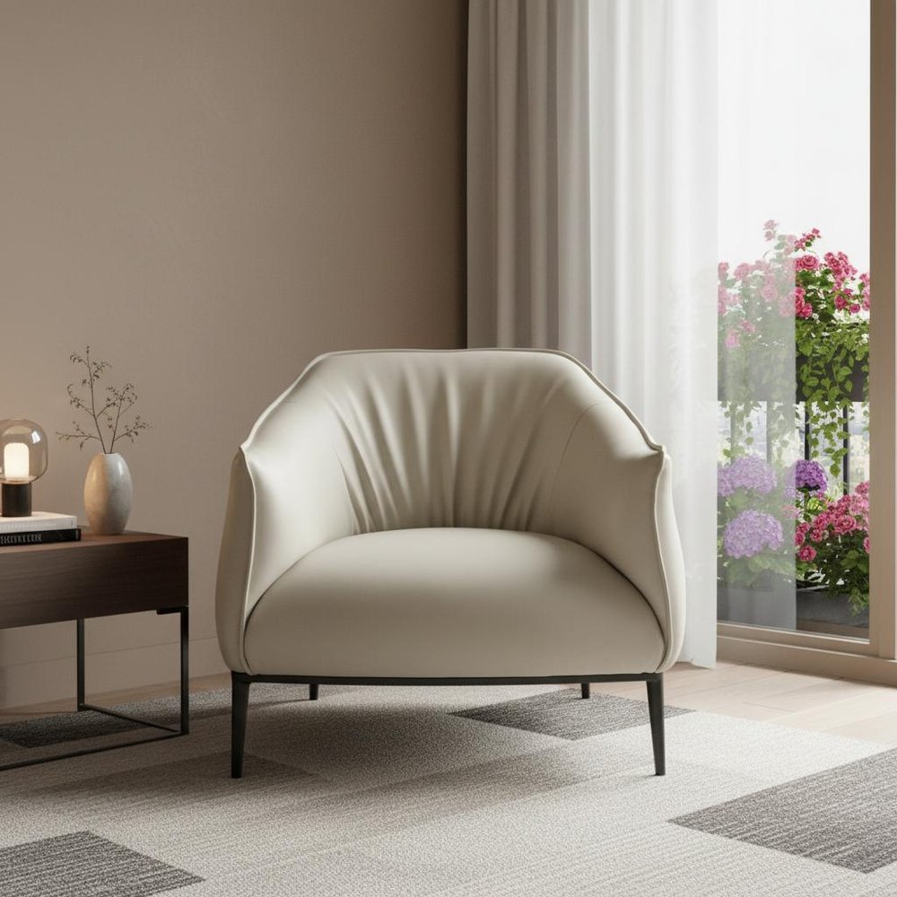Modern Light Gray Faux Leather Steel Arm Chair - Black Legs