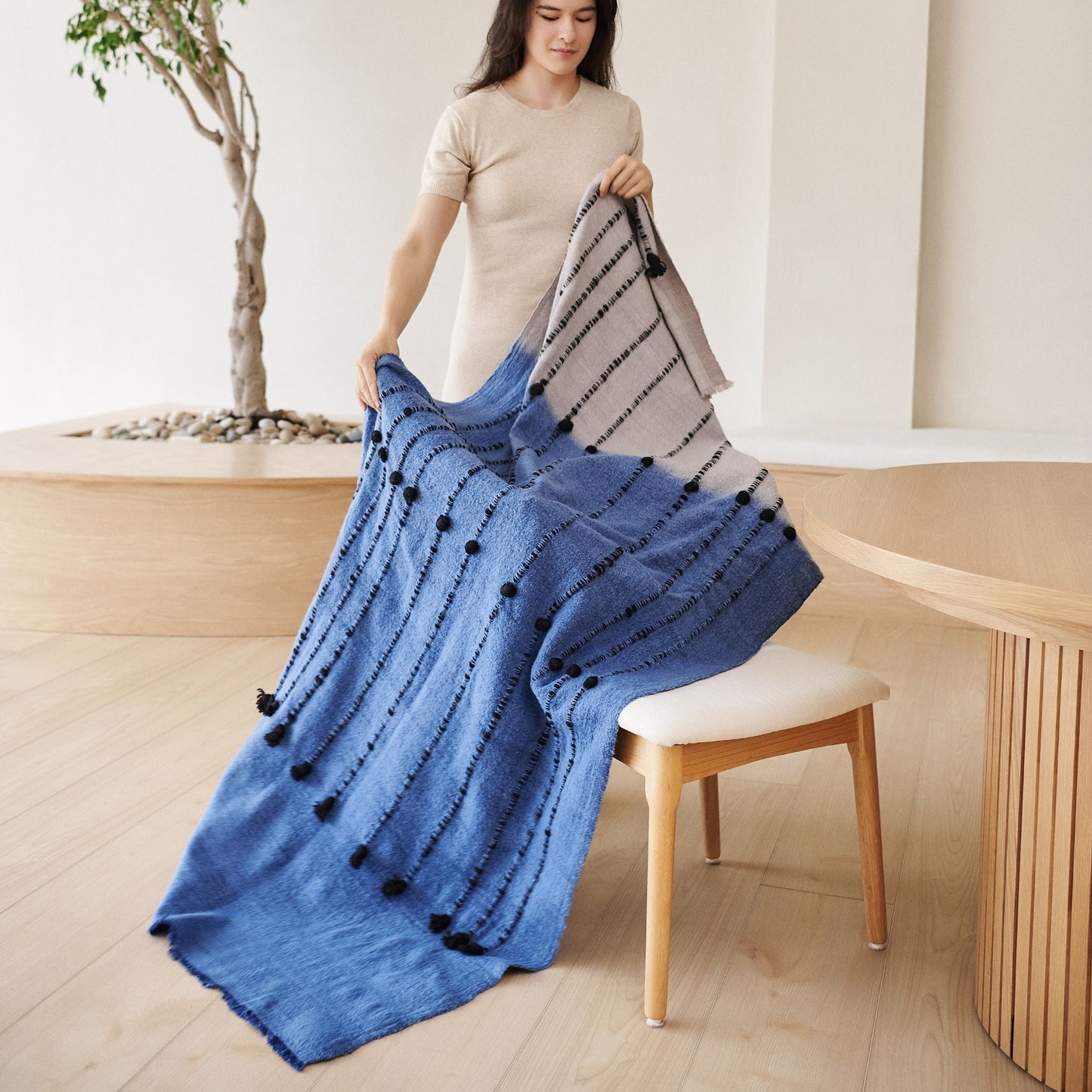 Mari Serene Blue Gray Calming Hues Hand Woven Hand Knotted Textured Merino Throw - Fluent Trends Throw Blankets