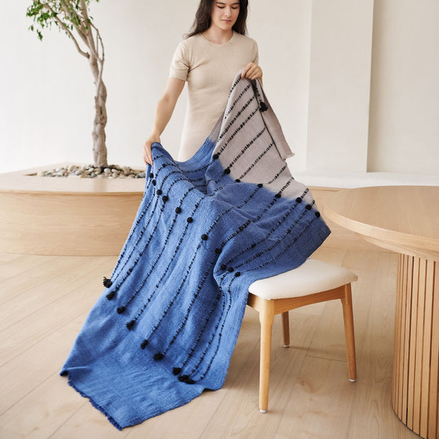 Mari Serene Blue Gray Calming Hues Hand Woven Hand Knotted Textured Merino Throw - Fluent Trends Throw Blankets