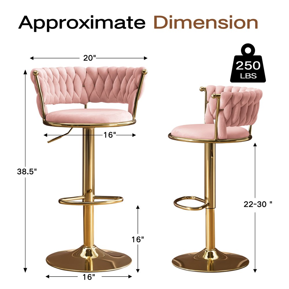 Lila Pink Velvet Adjustable Swivel Bar Stools - Set of 2
