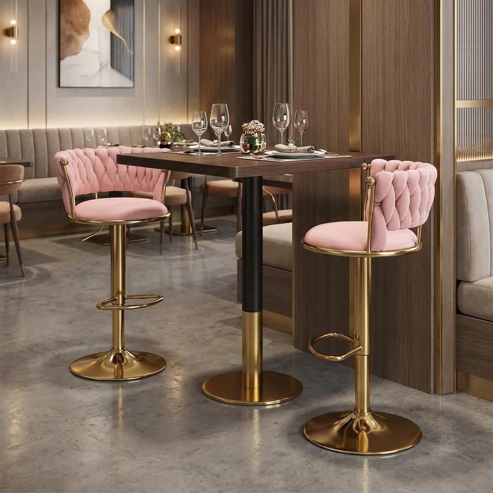 Lila Pink Velvet Adjustable Swivel Bar Stools - Set of 2