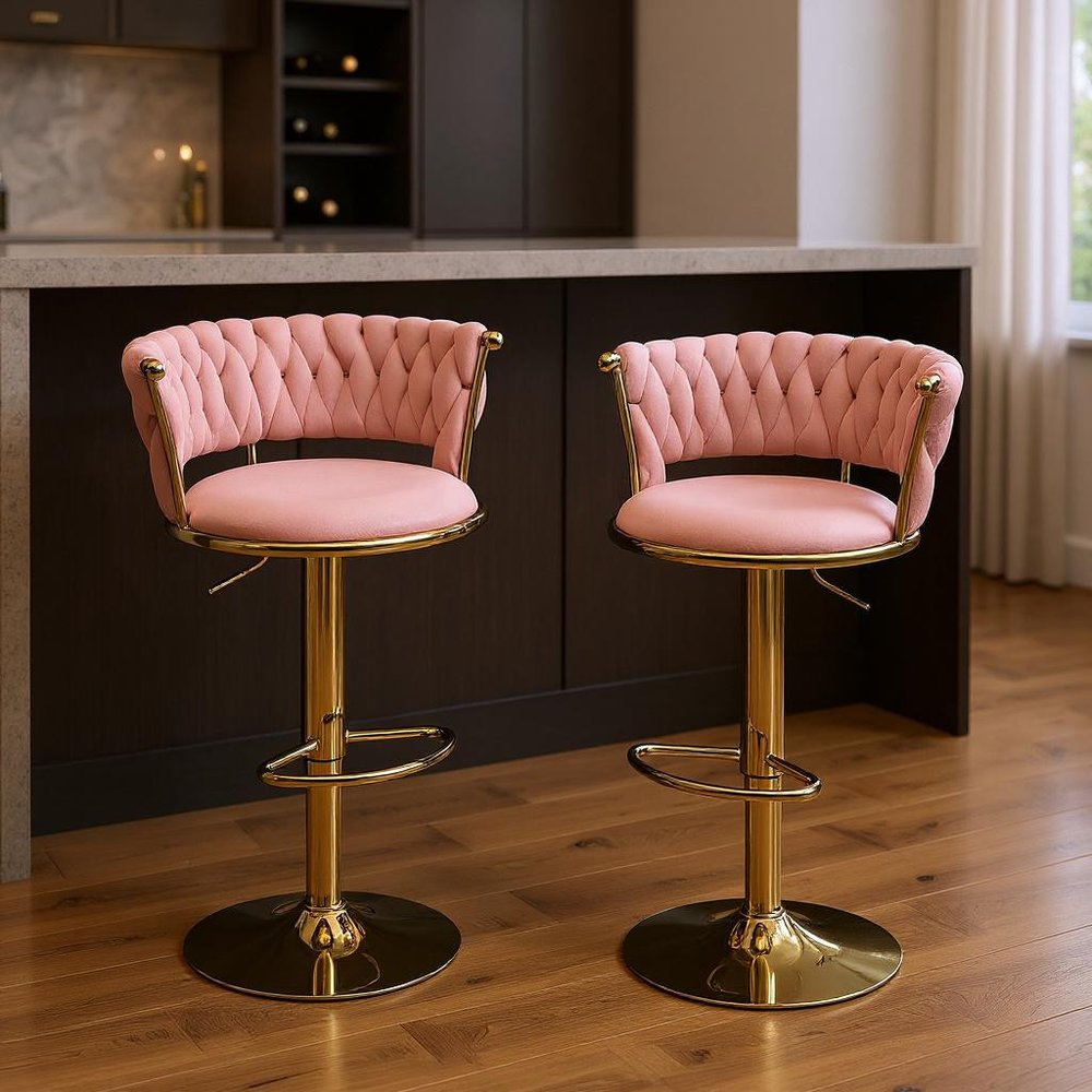 Lila Pink Velvet Adjustable Swivel Bar Stools - Set of 2