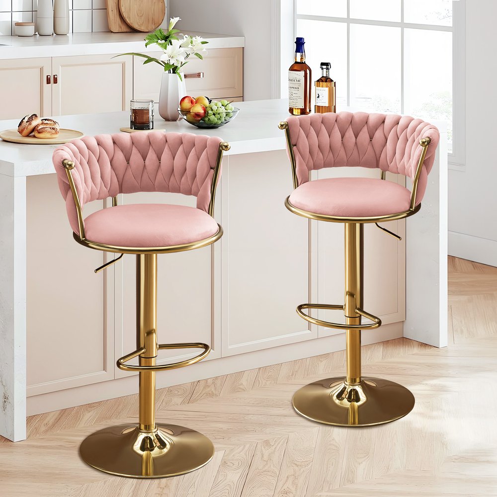 Lila Pink Velvet Adjustable Swivel Bar Stools - Set of 2
