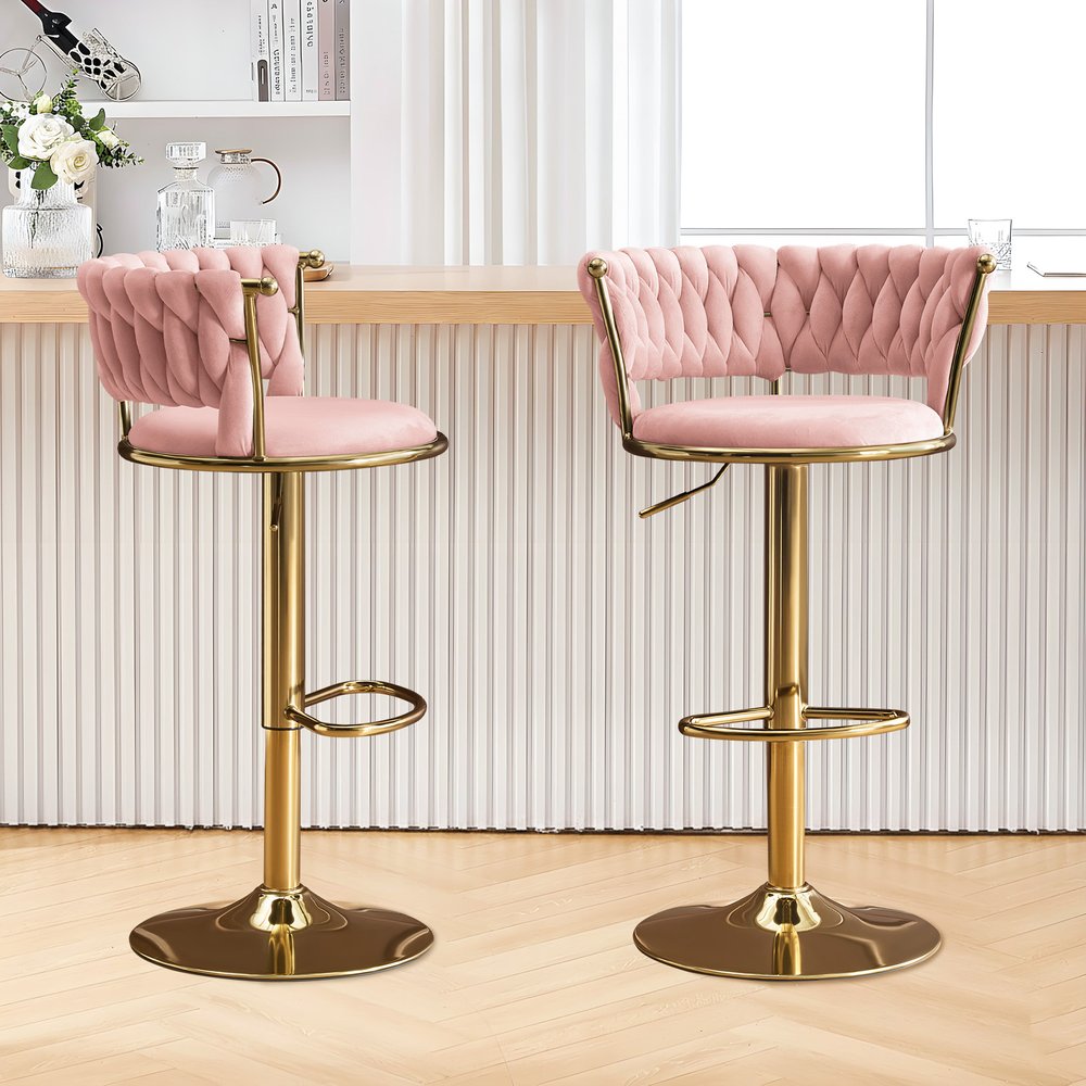 Lila Pink Velvet Adjustable Swivel Bar Stools - Set of 2