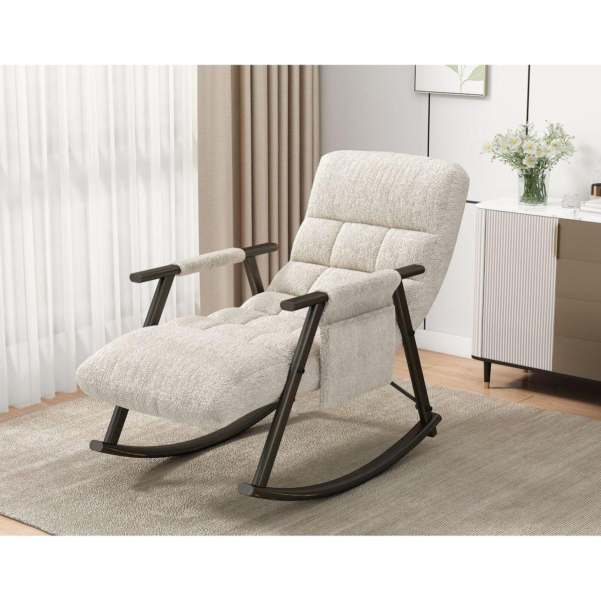 Casual folding rocking chair upholstered, lounge rocking chair adjustable high back and foot rest,side pockets placed in living room bedroom balcony Streamdale Furniture
