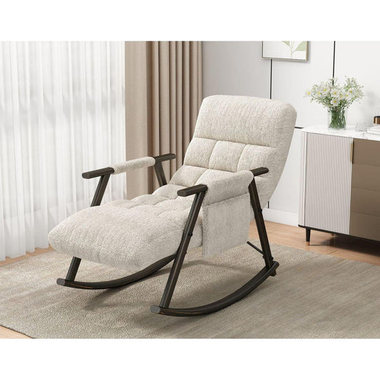 Casual folding rocking chair upholstered, lounge rocking chair adjustable high back and foot rest,side pockets placed in living room bedroom balcony Streamdale Furniture