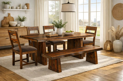 Solid wood dining set featuring a dark brown 74 inch rectangular table with four ladder back chairs and matching bench under a lit chandelier
