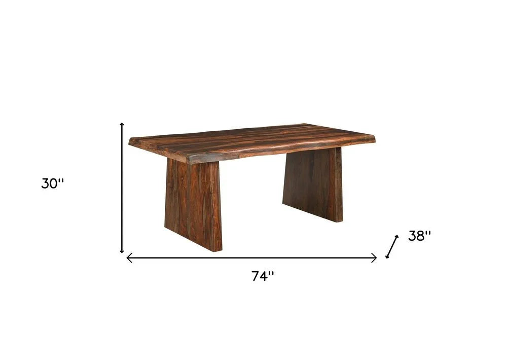 Basic dimensional graphic of a seventy-four inch solid wood rectangular dining table indicating the overall thirty inch height and thirty-eight inch width measurements