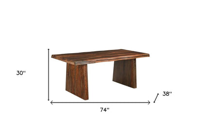 Basic dimensional graphic of a seventy-four inch solid wood rectangular dining table indicating the overall thirty inch height and thirty-eight inch width measurements