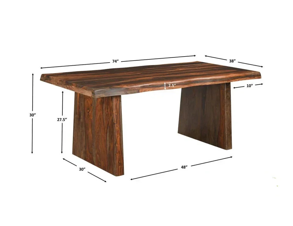 Basic dimensional graphic of a seventy-four inch solid wood rectangular dining table indicating the overall thirty inch height and thirty-eight inch width measurements