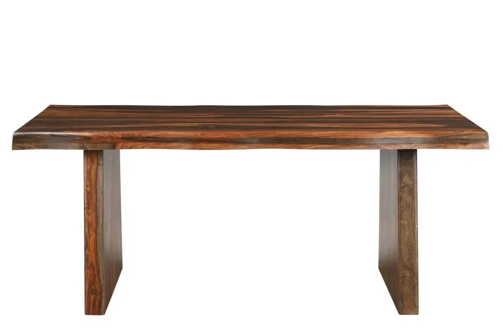 Front straight view of a handmade premium quality solid wood rectangular dining table with a live edge top and slab legs isolated on a white background