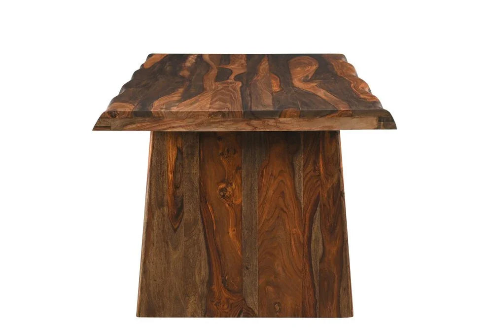 Side profile view showcasing the natural wood grain variations and thick wavy edge of a premium quality solid wood dining table isolated on a white background