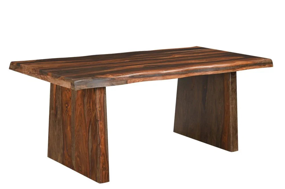 Handmade premium quality solid wood dining table with a thick seventy-four inch rectangular top and matching panel base isolated on a white background
