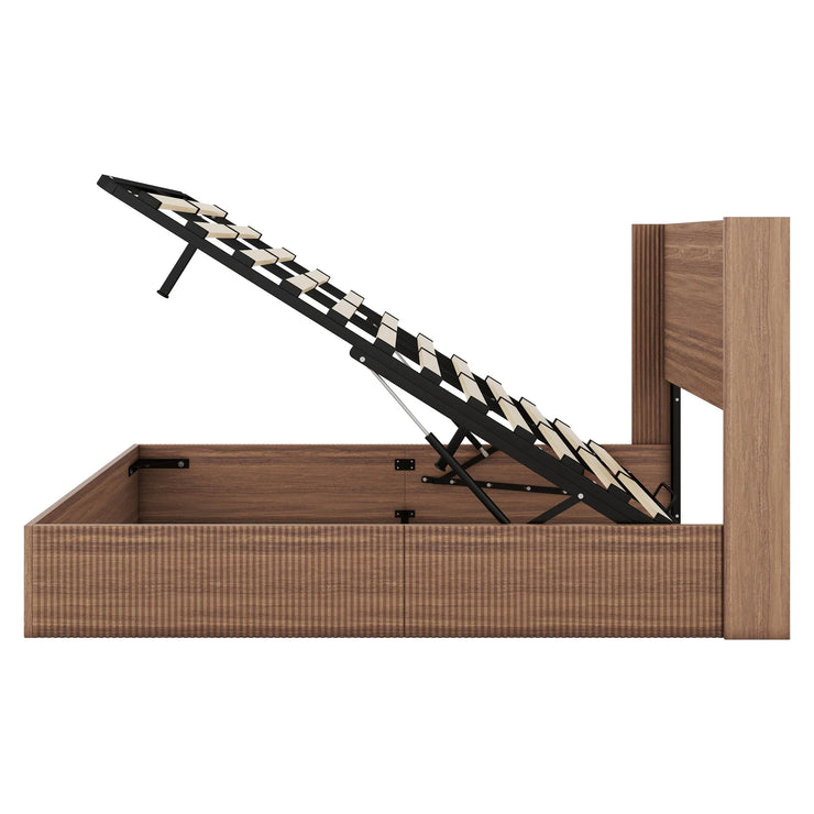 Large Grooved Undulating QueenSize Wooden Platform Bed Frame With Lift Storage - Fluent Trends