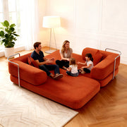 Red Corduroy 5-in-1 Modular Floor Sofa Sleeper Bed, No Assembly - Fluent Trends