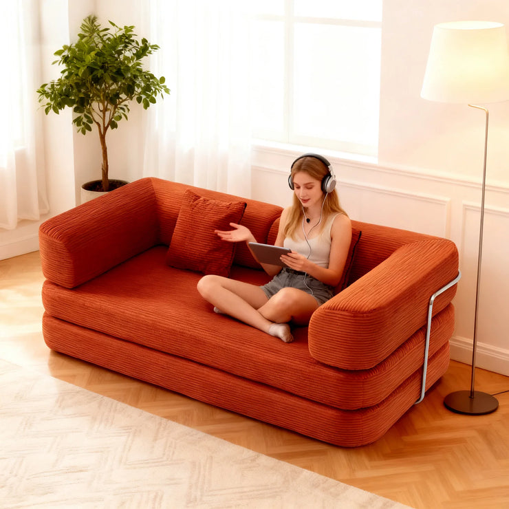 Red Corduroy 5-in-1 Modular Floor Sofa Sleeper Bed, No Assembly - Fluent Trends