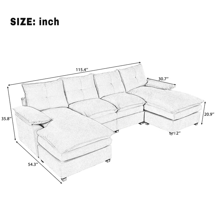 Fluent Trends U-Shaped Chenille Sectional Sofa - Beige 6-Seater with Adjustable Armrests - Fluent Trends