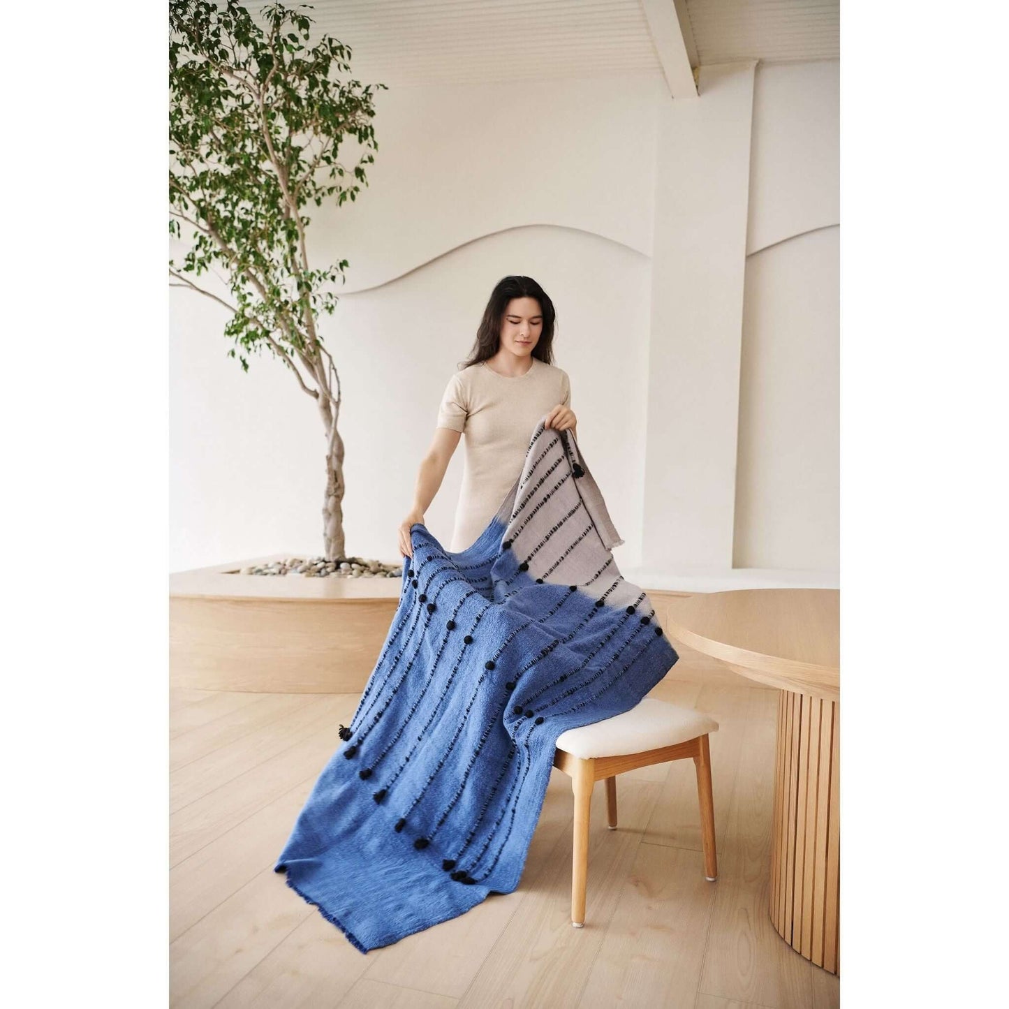 Mari Serene Blue Gray Calming Hues Hand Woven Hand Knotted Textured Merino Throw