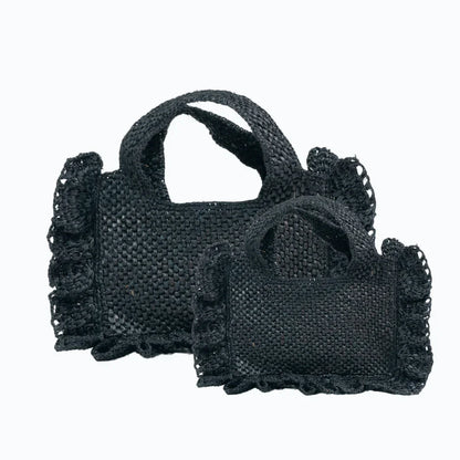 "Woven Floute Handbag with Pom-Pom Trim - Cream Crochet Tote Bag