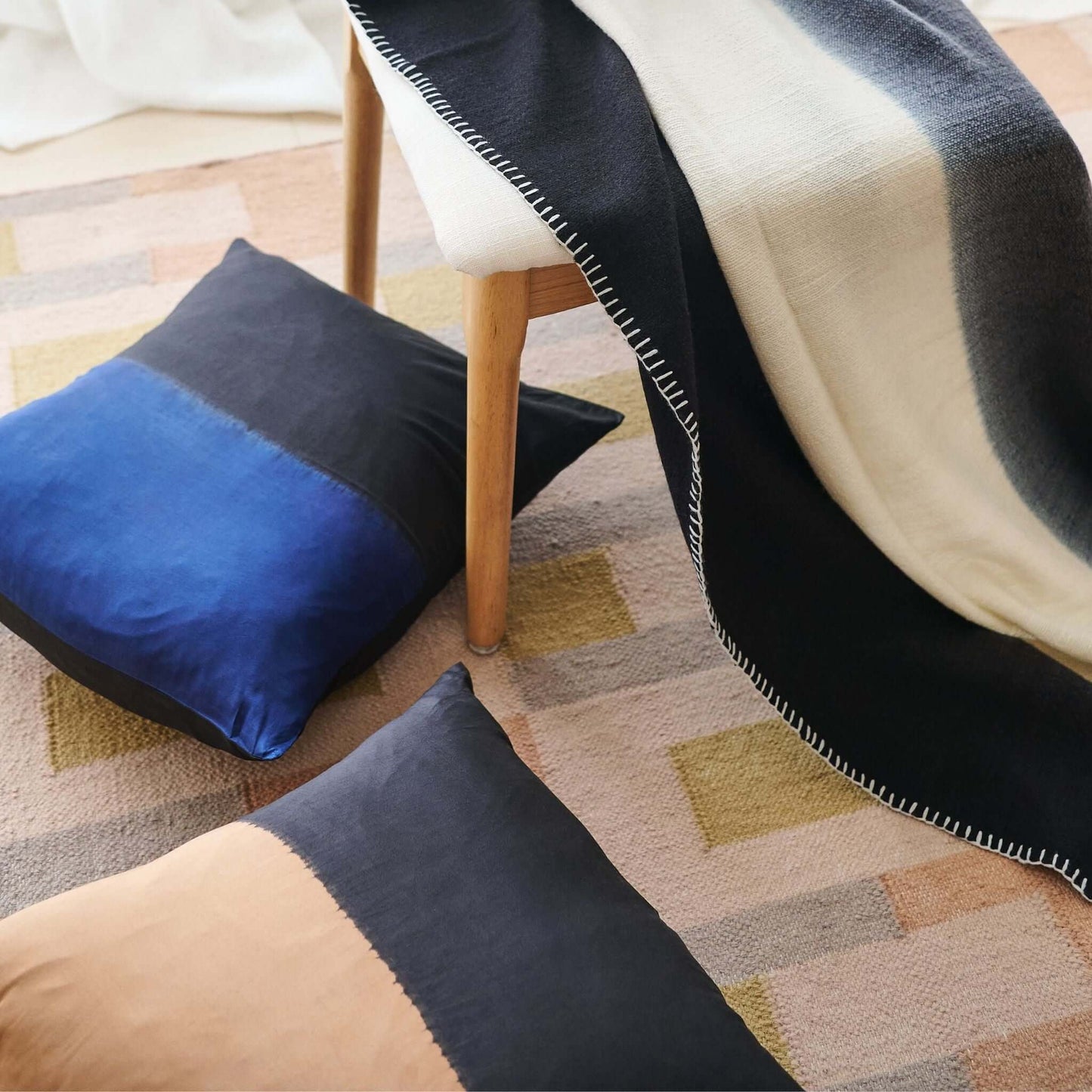 Ink Black White Ombre Textured Throw  In Hand Spun Merino And Hand Stitched Hem