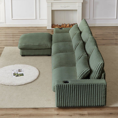 126-inch Corduroy With Cup Holder Super Large L-Shaped Sofa, Movable Footrest
