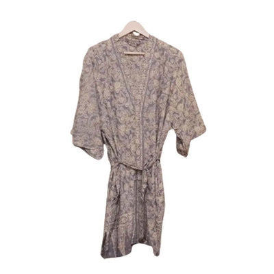 Hand Dyed Batik Robe Kimono, 100% Cotton, Gray, Silver Petals - Fluent Trends