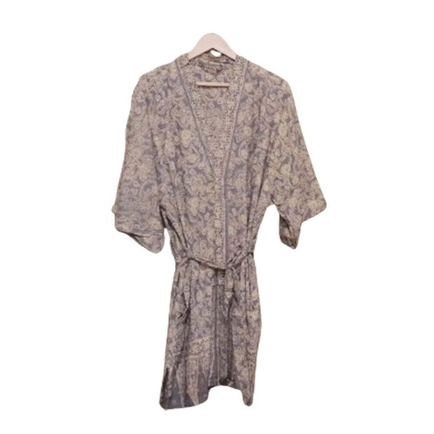 Hand Dyed Batik Robe Kimono, 100% Cotton, Gray, Silver Petals - Fluent Trends